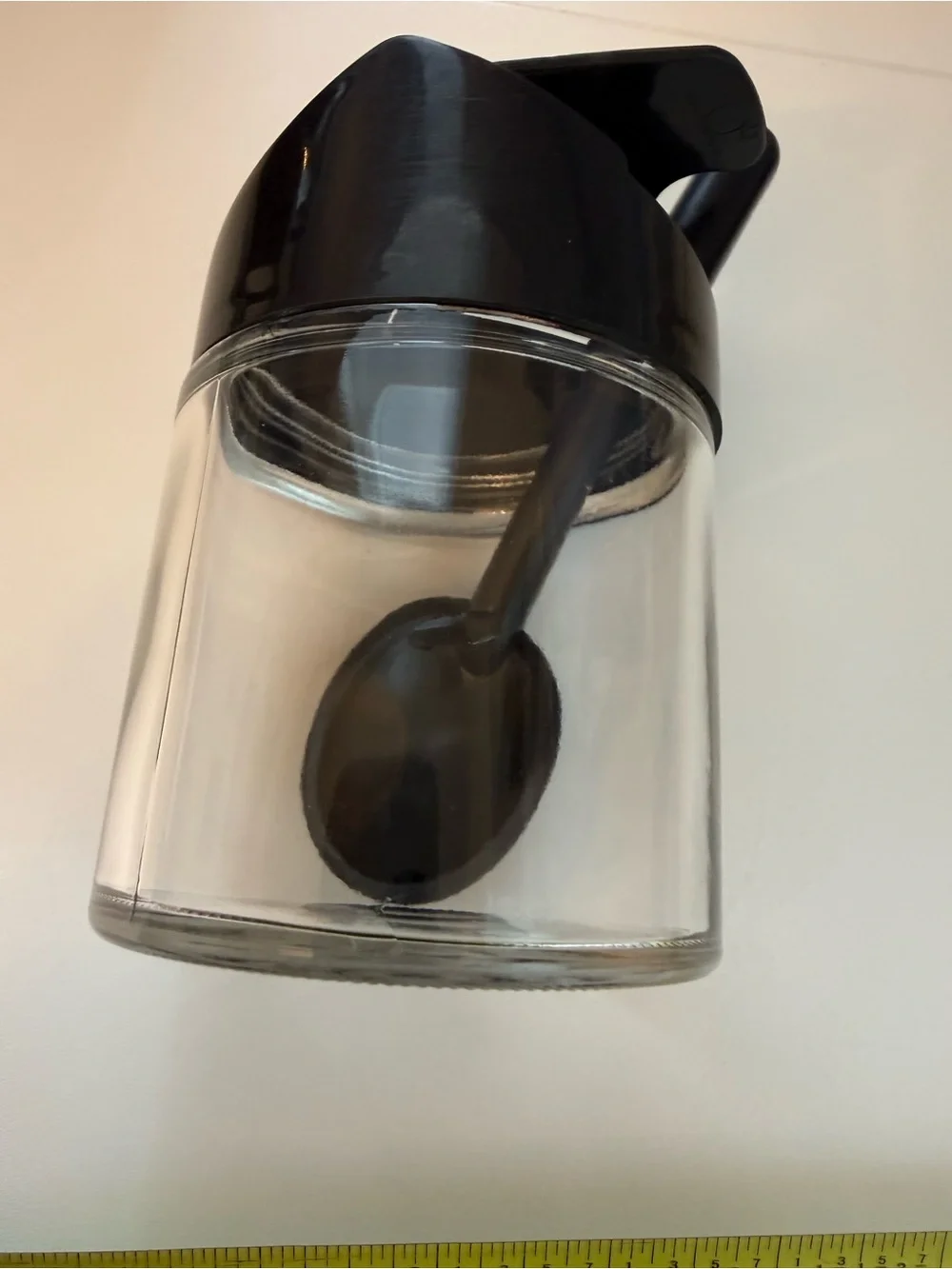 Gemco Vintage Black Glass Sugar Dispenser Jar with Spoon - Clear Body, Black Lid